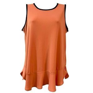 Beige by eci Pink Black Trim Flowy Peplum Ruffle Blouse Top Medium Workwear‎